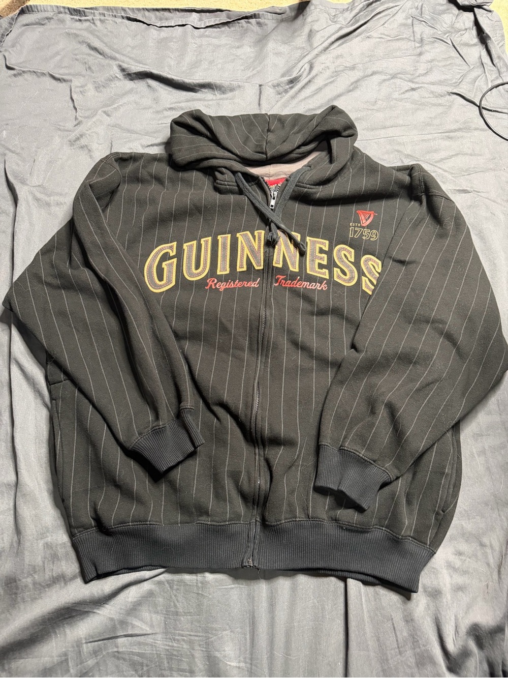 Guinness Black Pinstripe Zip Hoodie with Gold and Red Logo